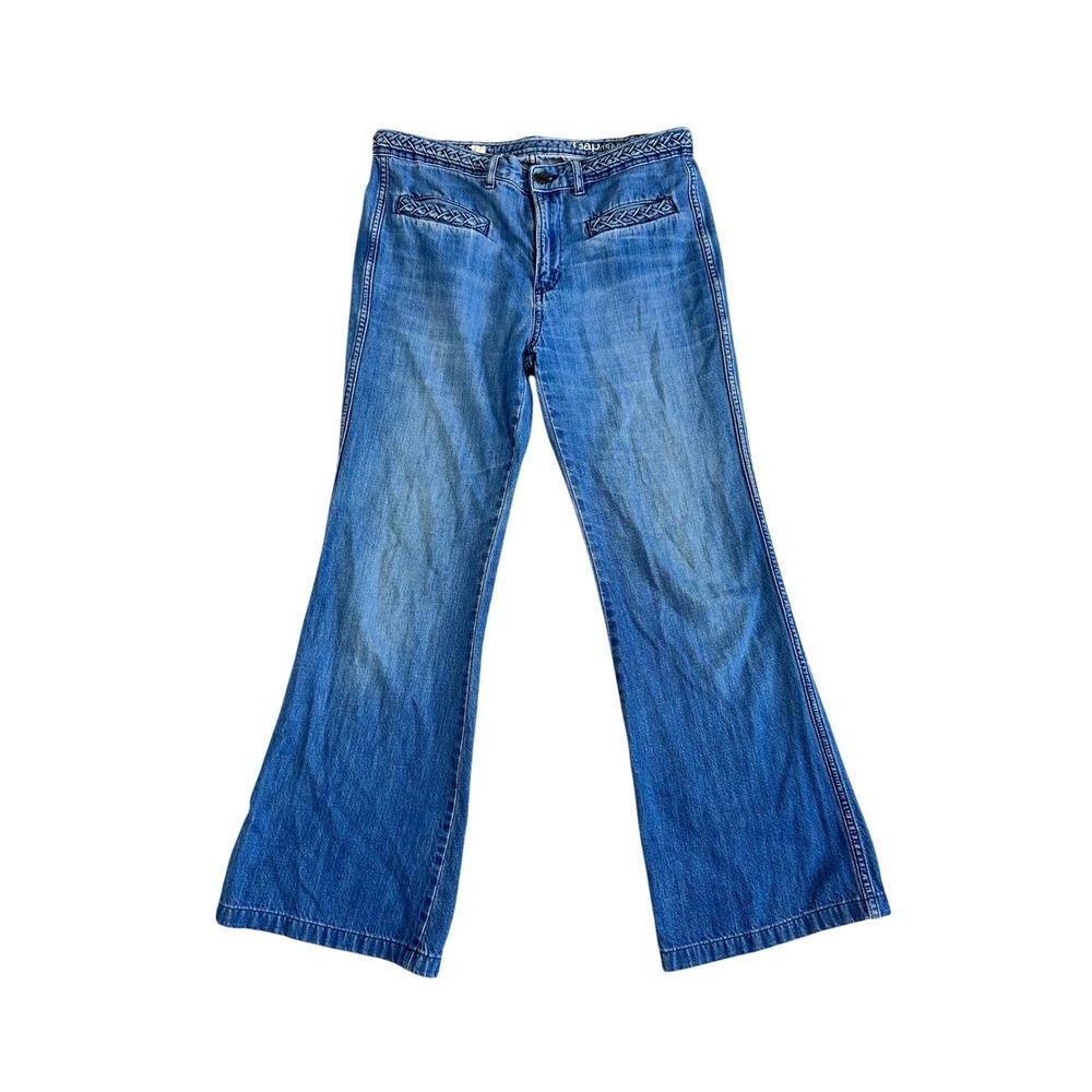 Gap 1969 Women Braided Trim Flare Jeans Wide Leg Size 6 Blue Retro Boho 70s